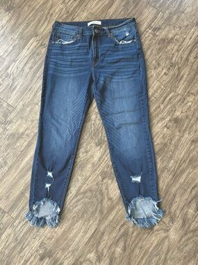 KanCan Dark Blue Distressed Ankle Crop Jeans with Frayed Hem